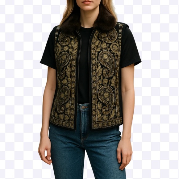 LINDA ALLARD ELLEN TRACY Wool Vest Embroidered Black Faux Fur Collar Small - Picture 2 of 13